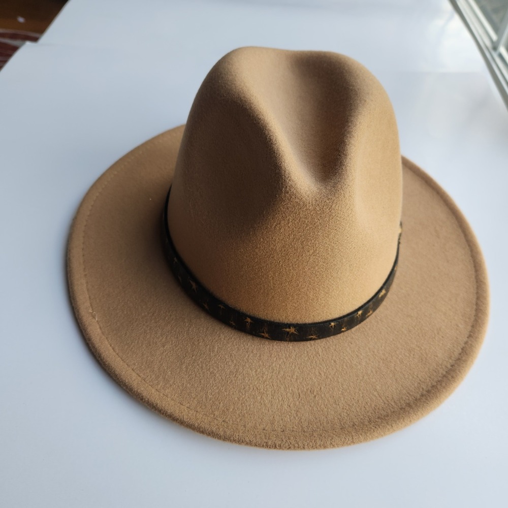 Boho Rancher Tan Fedora Hat Wide Brim Star Band‎ Wool Blend Style FY012 Unisex